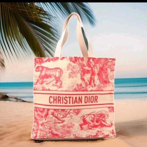 New Christian Dior Exclusive ‘Dioriviera’ Pink & Beige Large Straw Tote Bag - Picture 1 of 7